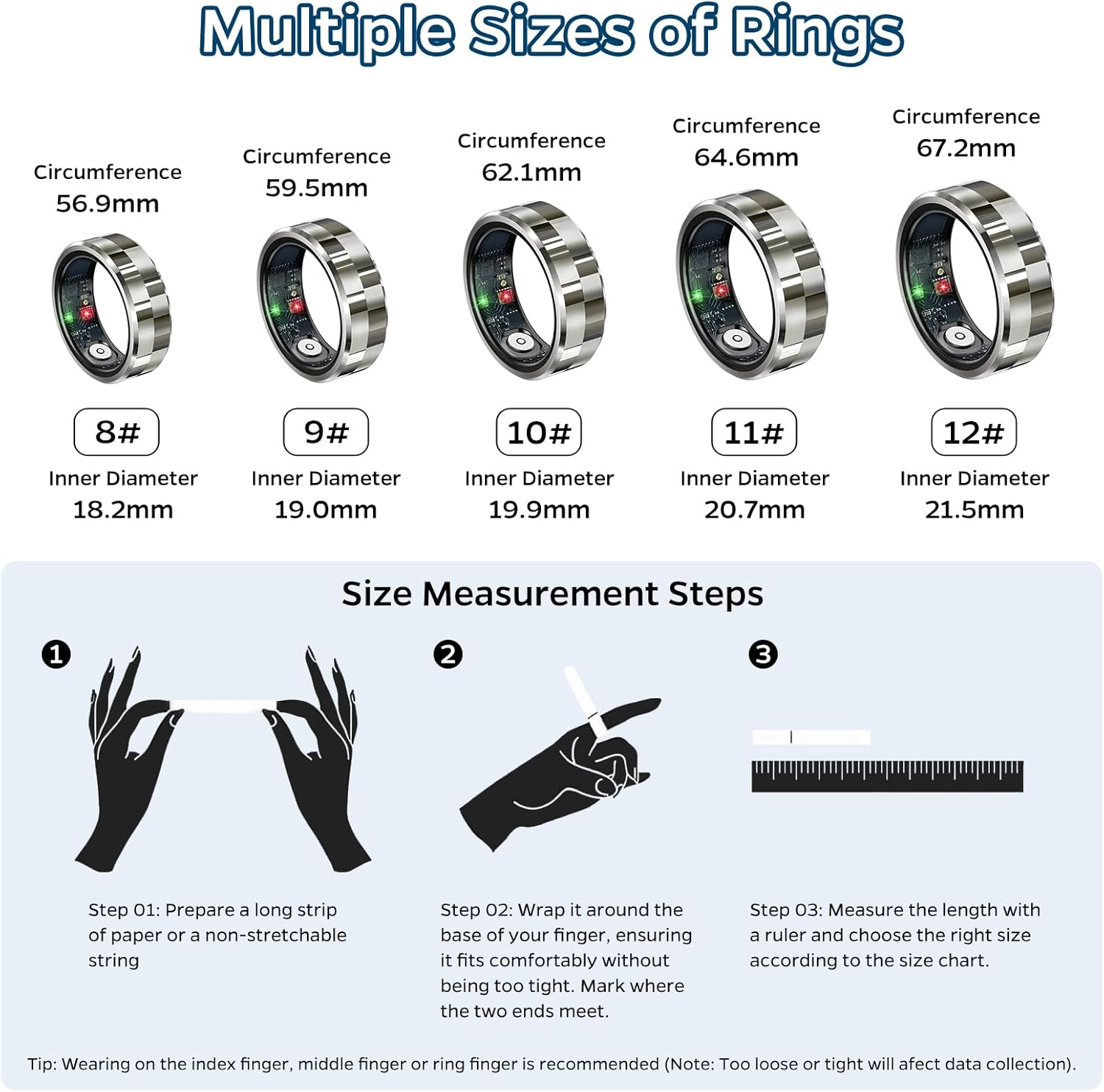Smart Ring Health Tracker, Sleep Tracker Ring with Heart Rate, Waterproof Fitness Ring for Activity Monitoring/Steps/Distance/Calories,Air Gestures,Up to 7Day Battery,For Ios Android(Stylish Silver#8)
